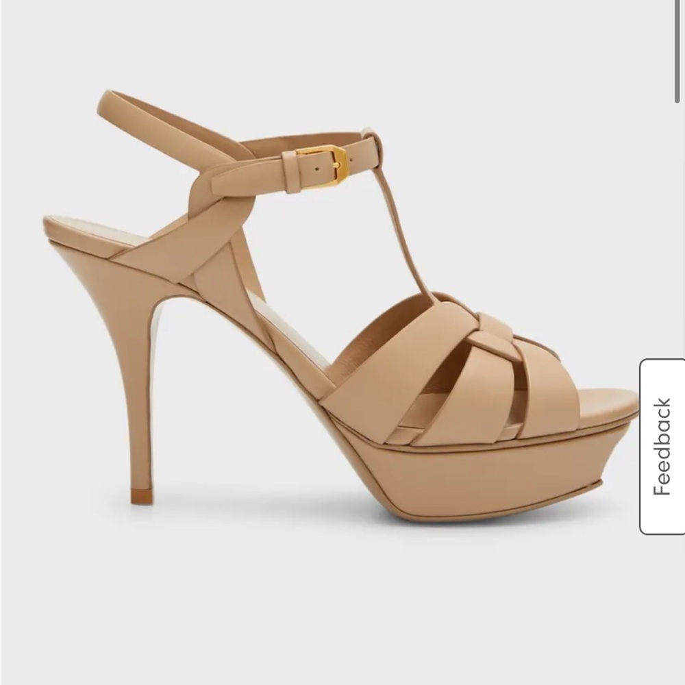 Saint Laurent Patent Leather Platform T-Strap Sandal in Dark Beige